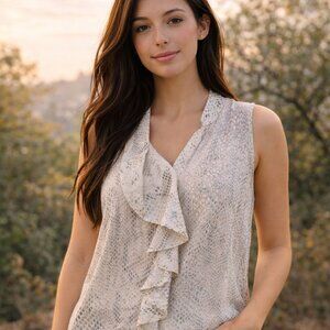 Etcetera Women's Sleeveless Ruffle Front Snake Print Blouse  Cream Gray Size 4